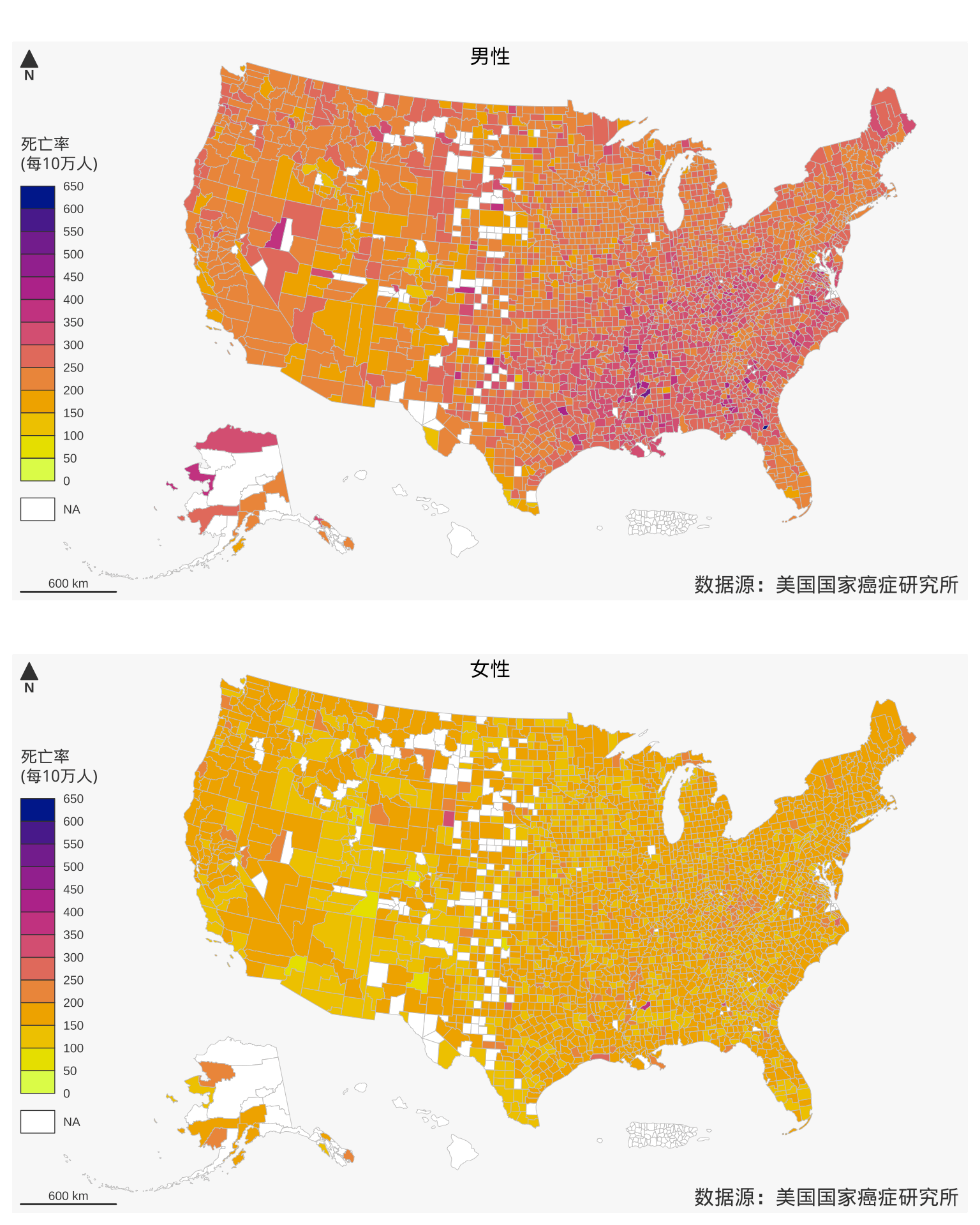 1999-2003 年美国各个郡的年平均癌症死亡率分布