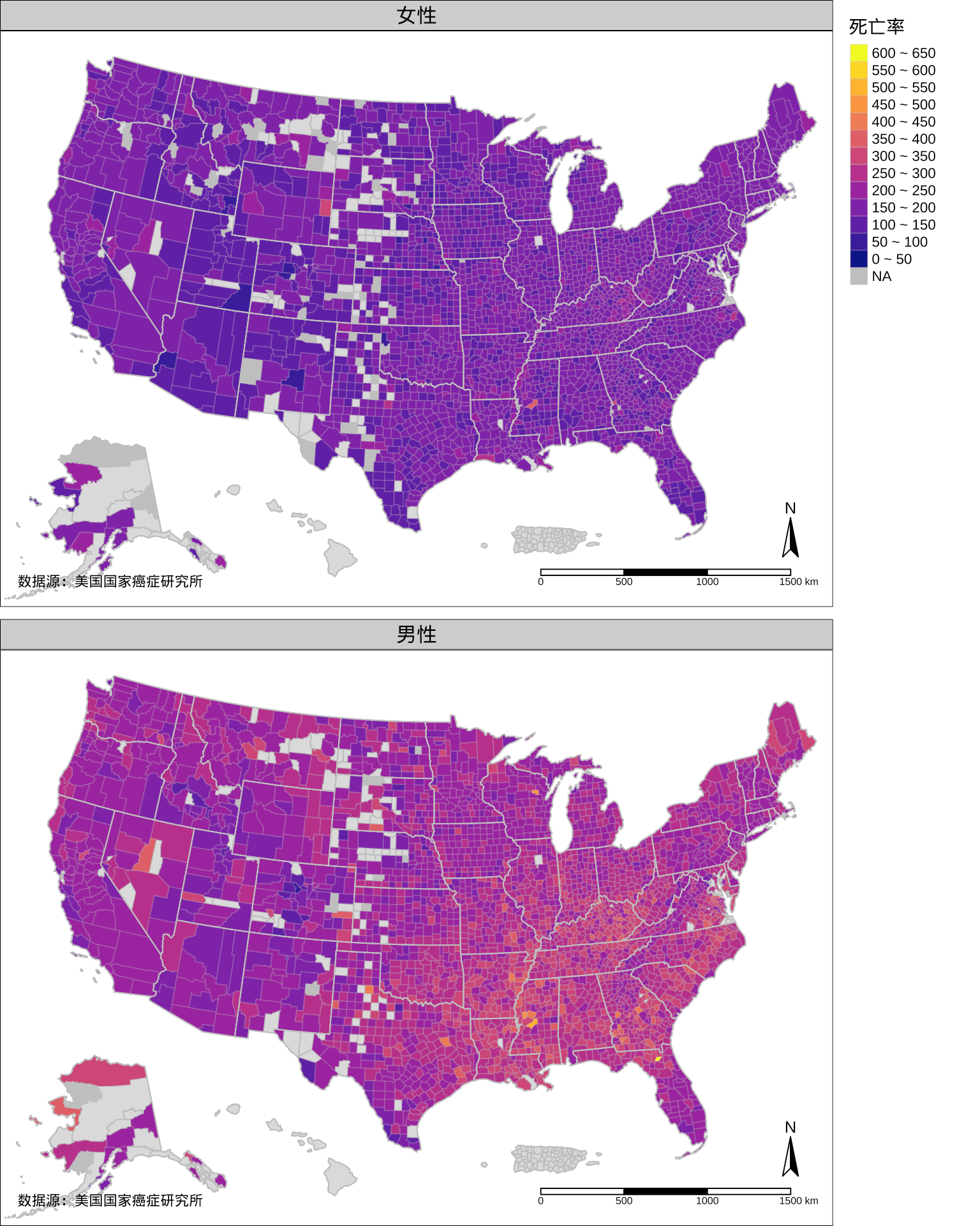 1999-2003 年美国各个郡的年平均癌症死亡率分布