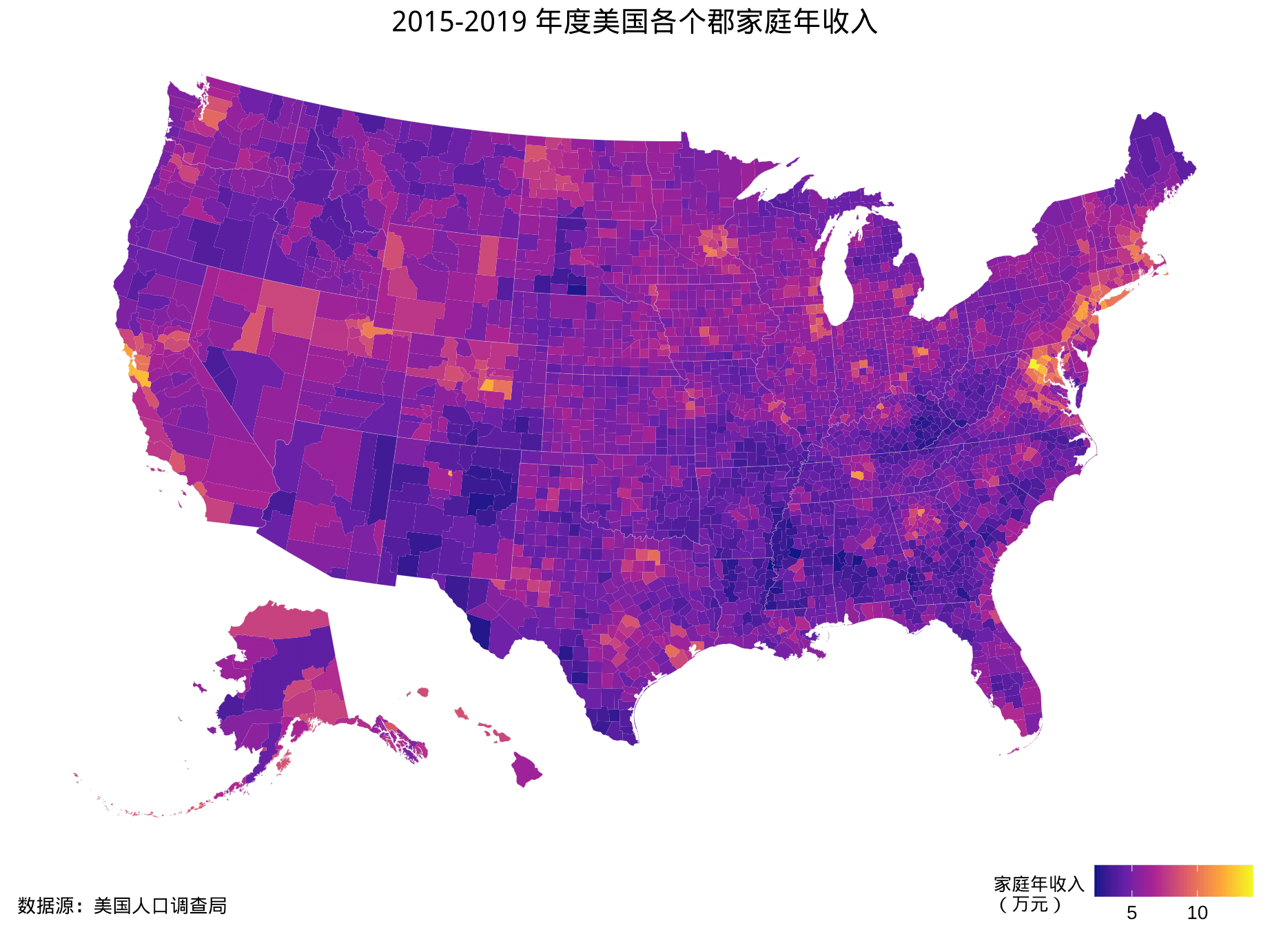 2015-2019 年度美国各个郡家庭年收入