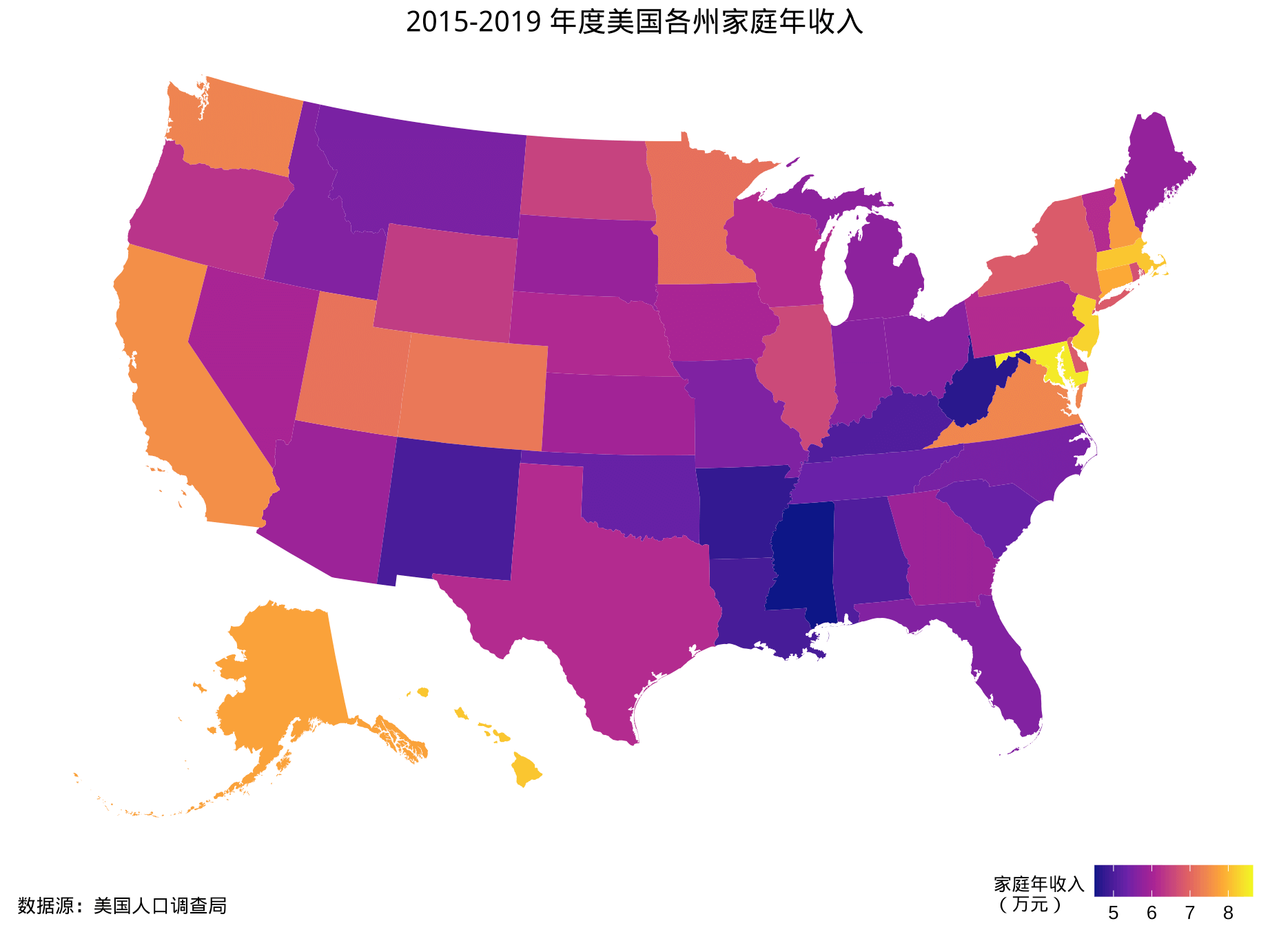2015-2019 年度美国各个州家庭年收入