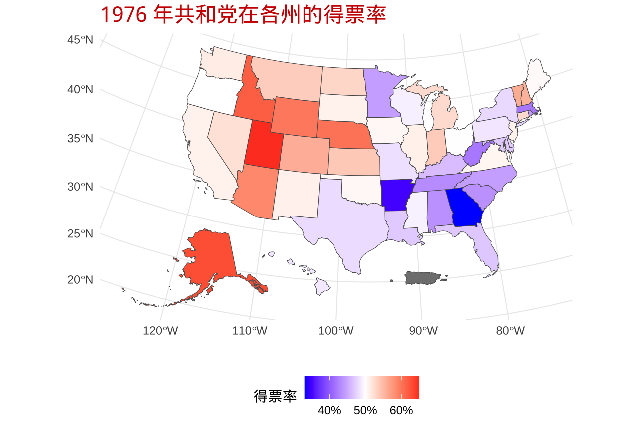 1976年共和党在各州的得票率